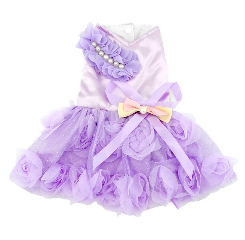 PAIDEFUL Pet Dress for Small Dog Girls Luxury Puppy Wedding Dress Rose Flower Lace Tutu Skirt Silky Bow Birthday Party Dog Clothes,Purple,Size XL - Image 5